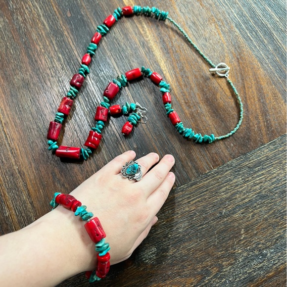 Real Turquoise Red Coral Necklace Bracelet Earring 3 pc set blue green handmade - Picture 8 of 16